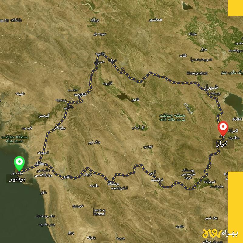 مسافت و فاصله کوار - فارس تا بوشهر از ۲ مسیر - اردیبهشت ۱۴۰۳