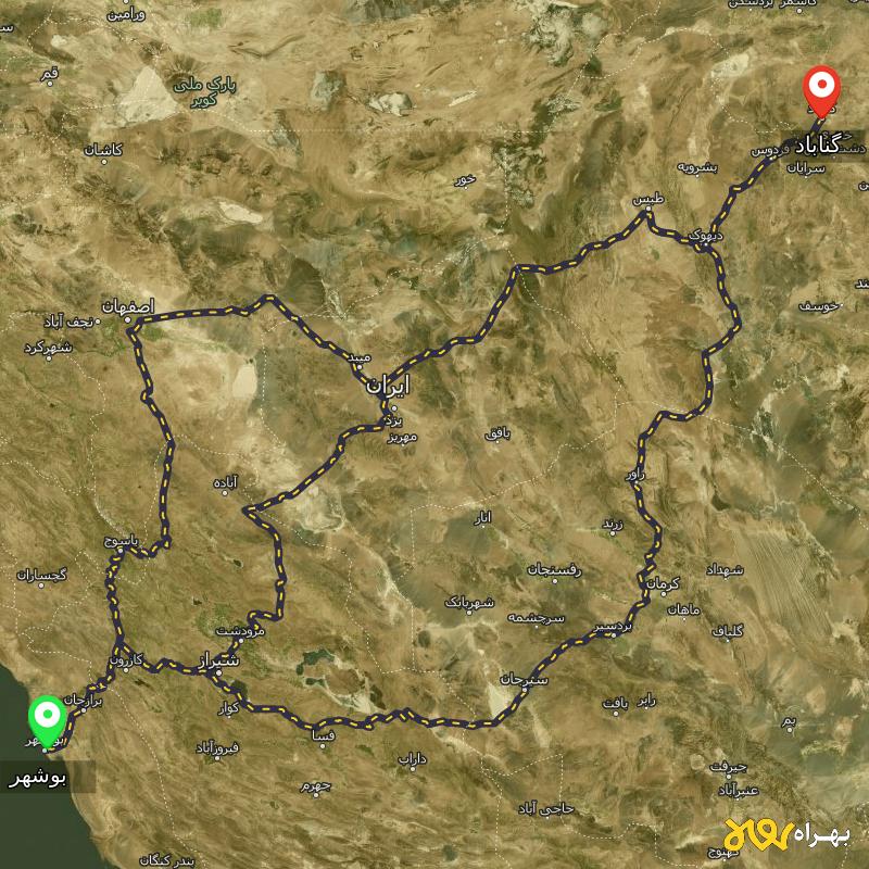 مسافت و فاصله گناباد - خراسان رضوی تا بوشهر از ۳ مسیر - آذر ۱۴۰۳
