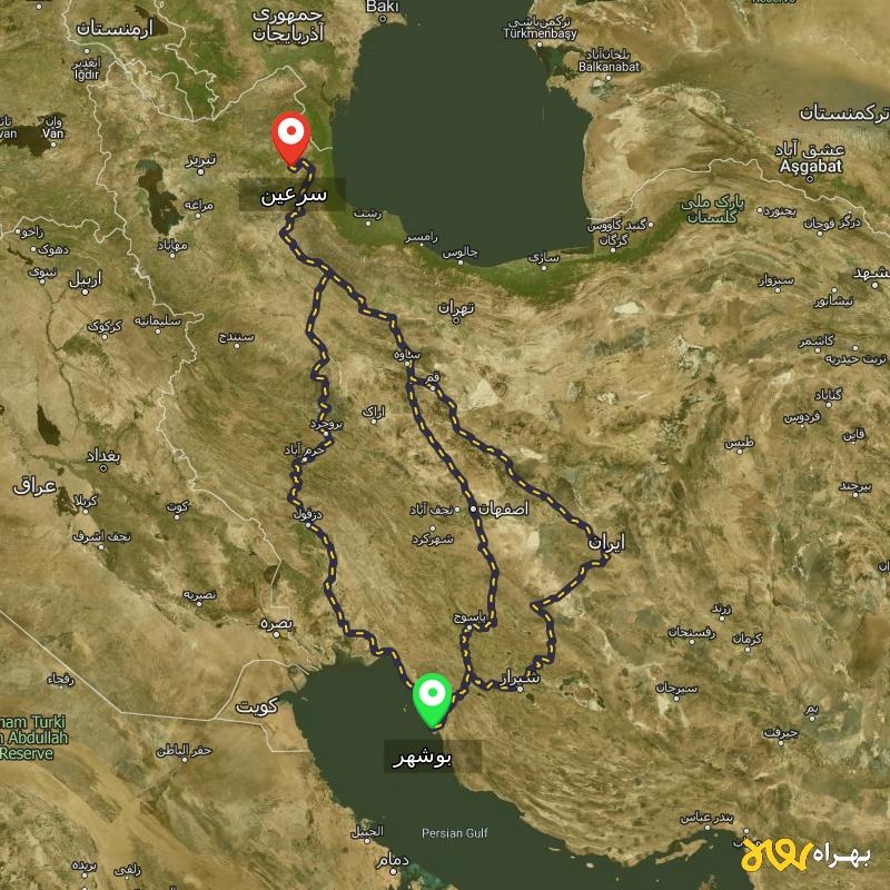 مسافت و فاصله سرعین - اردبیل تا بوشهر از ۳ مسیر - مرداد ۱۴۰۳