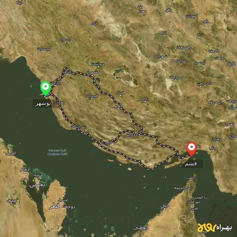 مسافت و فاصله قشم - هرمزگان تا بوشهر از 3 مسیر - مسیریاب بهراه