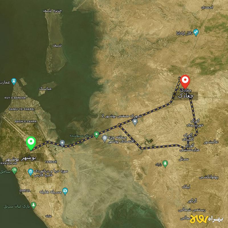 مسافت و فاصله چغادک - بوشهر تا بوشهر از 2 مسیر - مسیریاب بهراه