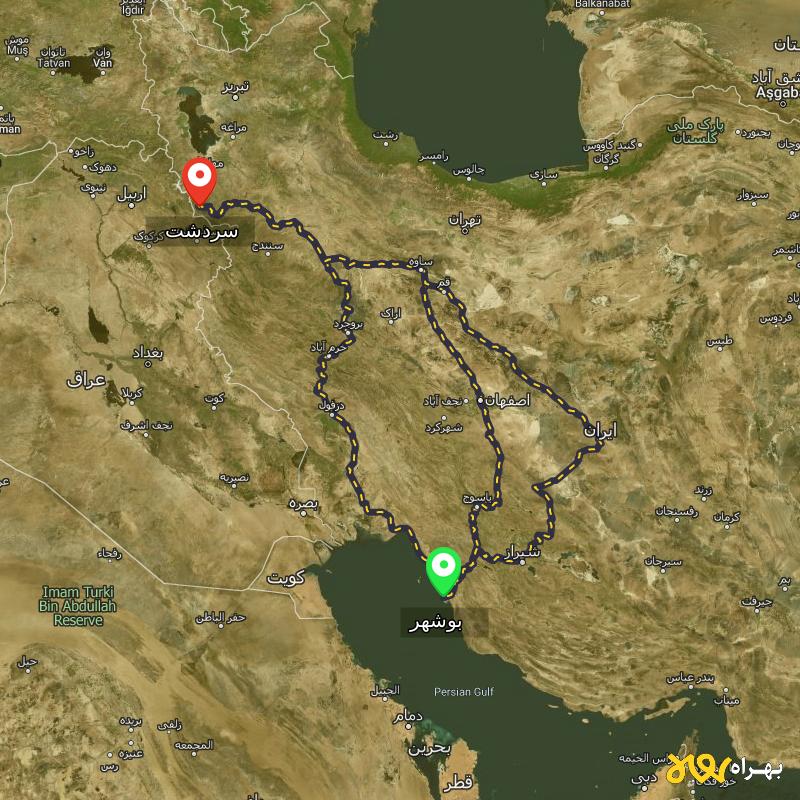 مسافت و فاصله سردشت - آذربایجان غربی تا بوشهر از ۳ مسیر - آذر ۱۴۰۳