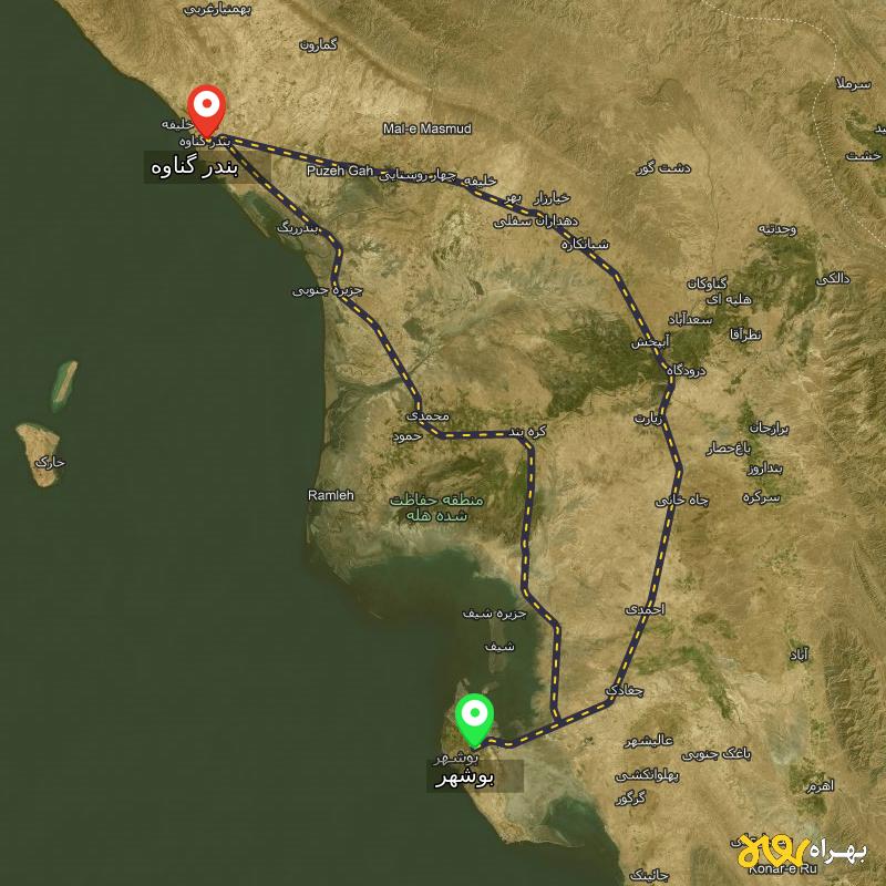 مسافت و فاصله بندر گناوه - بوشهر تا بوشهر از ۲ مسیر - اردیبهشت ۱۴۰۳
