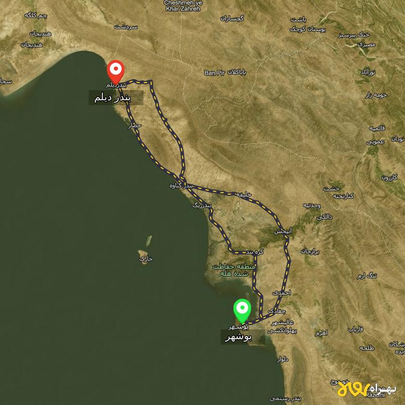 مسافت و فاصله بندر دیلم - بوشهر تا بوشهر از ۳ مسیر - اردیبهشت ۱۴۰۳