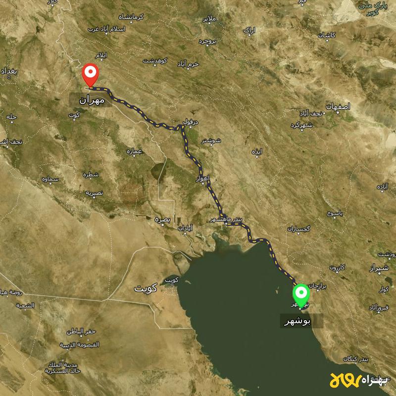 مسافت و فاصله مهران - ایلام تا بوشهر - آذر ۱۴۰۳