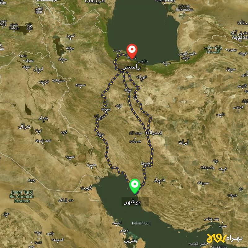 مسافت و فاصله رامسر - مازندران تا بوشهر از ۳ مسیر - مرداد ۱۴۰۳