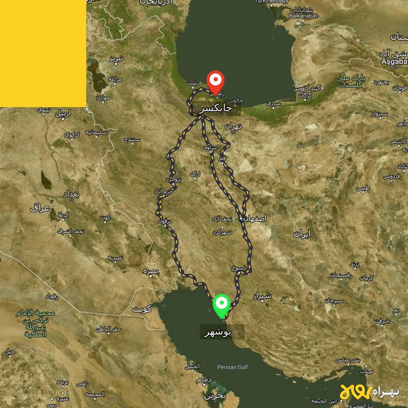 مسافت و فاصله چابکسر - گیلان تا بوشهر از ۳ مسیر - آذر ۱۴۰۳