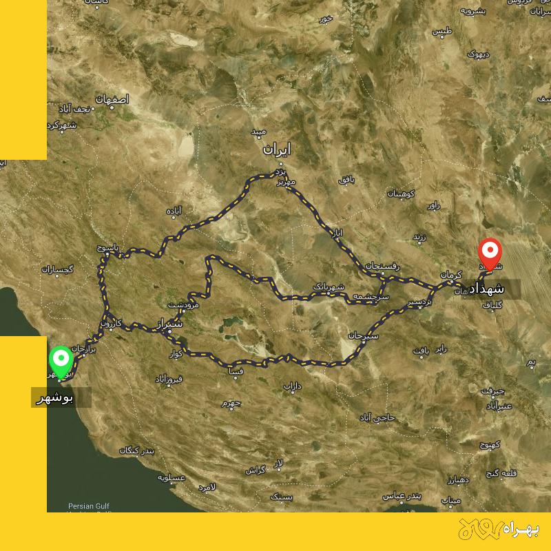 مسافت و فاصله شهداد - کرمان تا بوشهر از ۳ مسیر - بهمن ۱۴۰۳