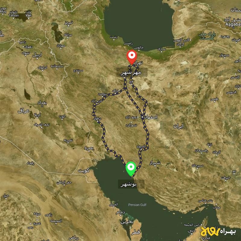مسافت و فاصله مهرشهر - کرج تا بوشهر از ۳ مسیر - اردیبهشت ۱۴۰۳