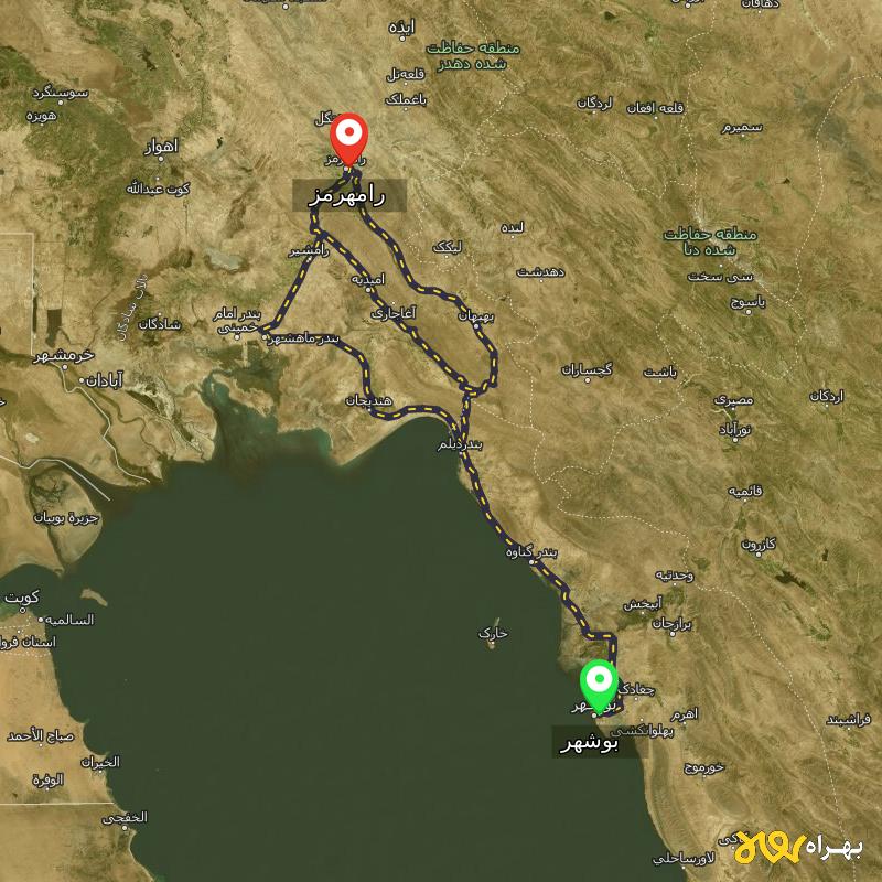 مسافت و فاصله رامهرمز - خوزستان تا بوشهر از ۳ مسیر - اردیبهشت ۱۴۰۳