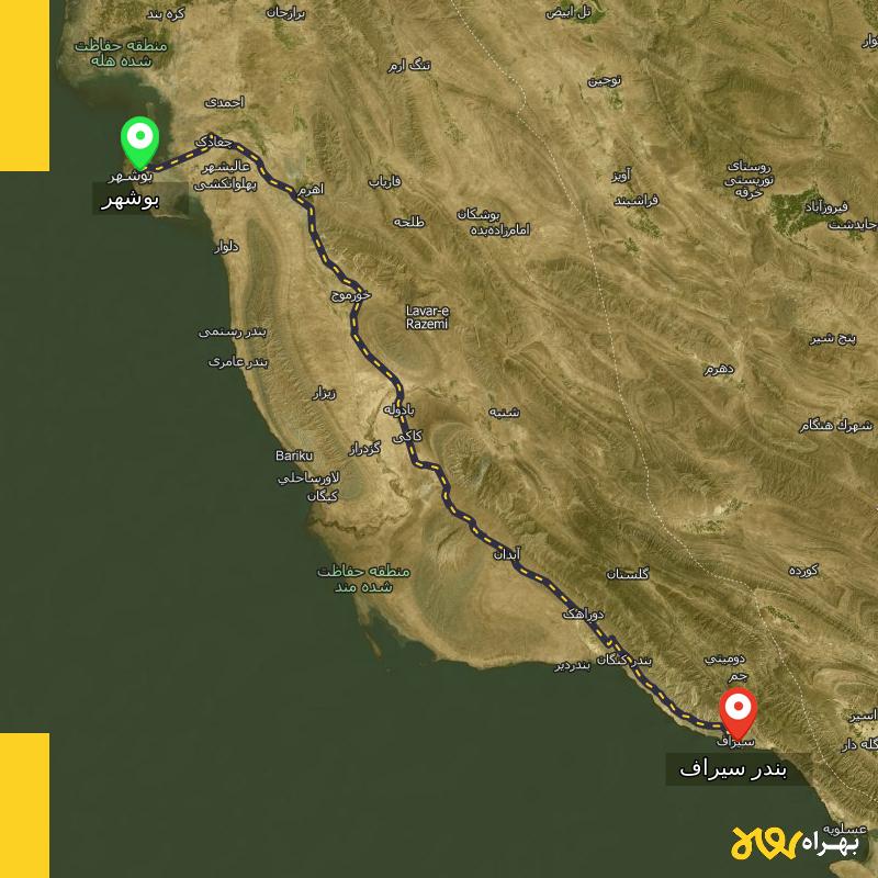 مسافت و فاصله بندر سیراف - بوشهر تا بوشهر - مسیریاب بهراه