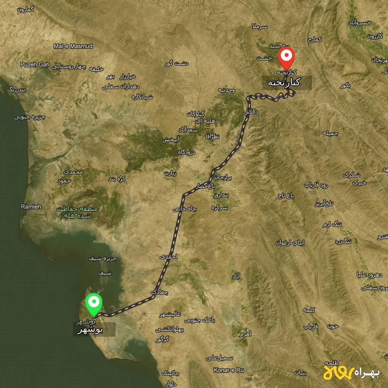 مسافت و فاصله کنارتخته - فارس تا بوشهر - مسیریاب بهراه