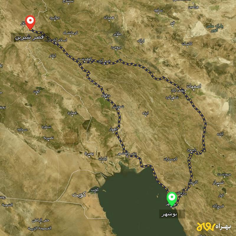مسافت و فاصله قصر شیرین - کرمانشاه تا بوشهر از ۲ مسیر - بهمن ۱۴۰۳