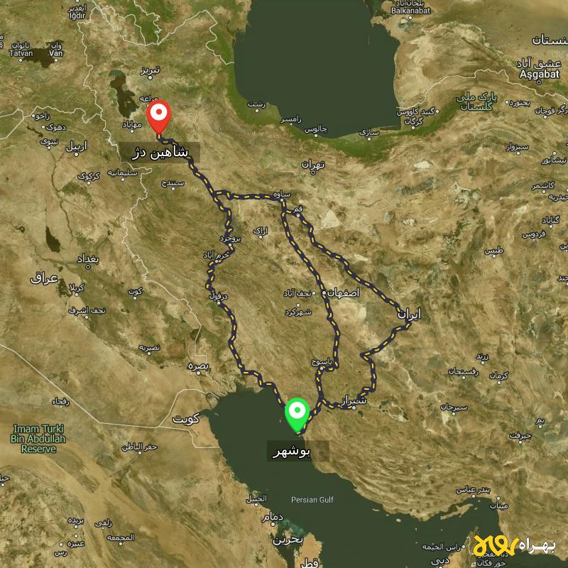 مسافت و فاصله شاهین دژ - آذربایجان غربی تا بوشهر از ۳ مسیر - دی ۱۴۰۳