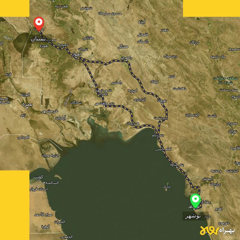 مسافت و فاصله بستان - خوزستان تا بوشهر از ۲ مسیر - اردیبهشت ۱۴۰۳