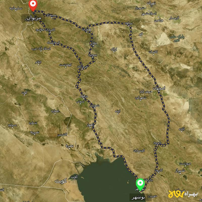 مسافت و فاصله مریوان - کردستان تا بوشهر از 3 مسیر - مسیریاب بهراه
