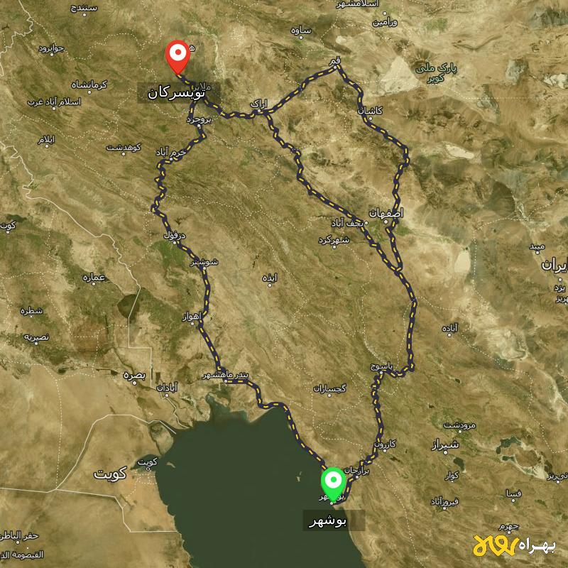 مسافت و فاصله تویسرکان - همدان تا بوشهر از ۳ مسیر - مرداد ۱۴۰۳