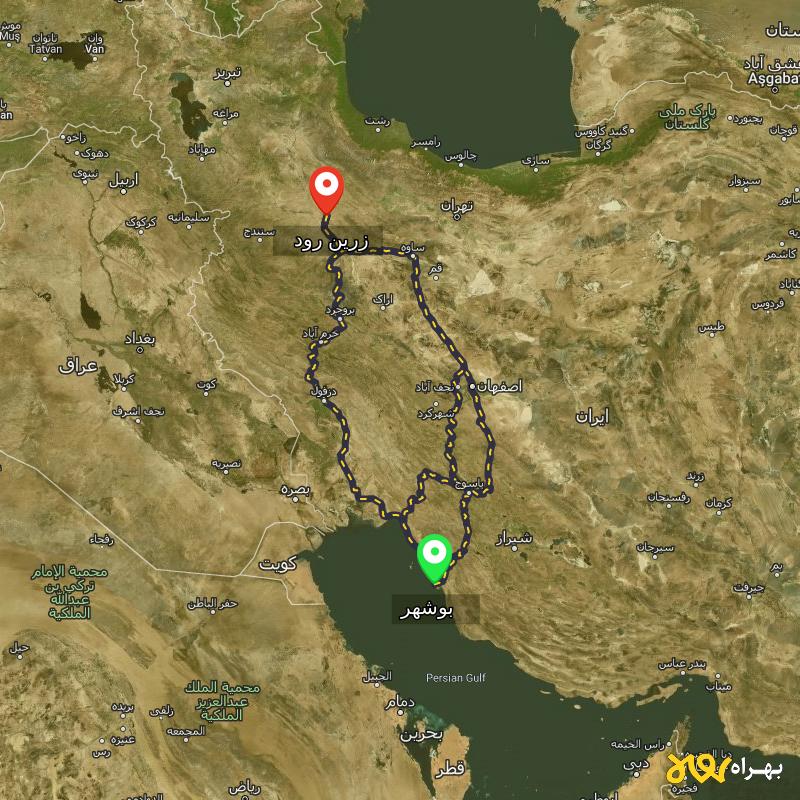 مسافت و فاصله زرین رود - زنجان تا بوشهر از ۳ مسیر - شهریور ۱۴۰۳