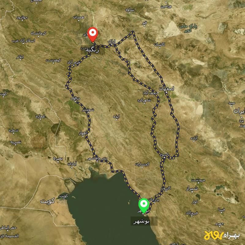 مسافت و فاصله زنگنه - همدان تا بوشهر از ۳ مسیر - مرداد ۱۴۰۳