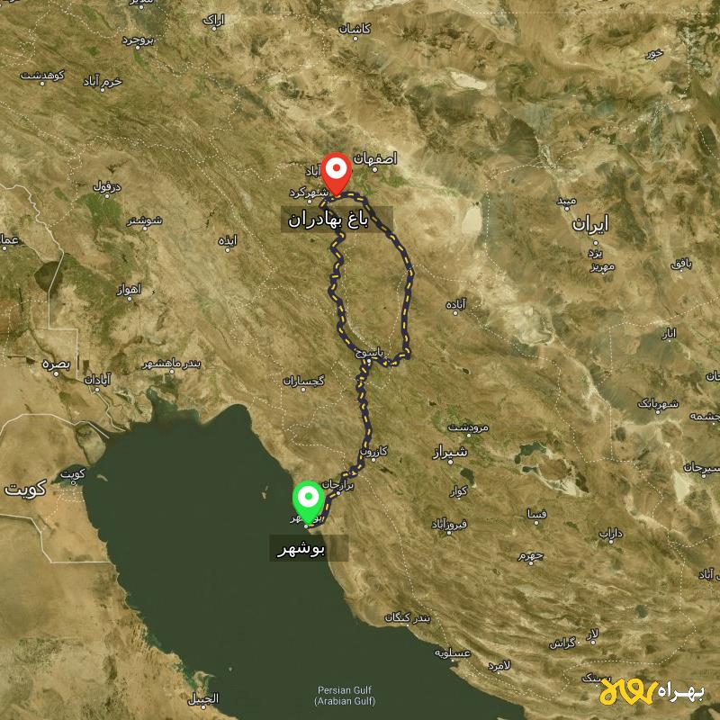 مسافت و فاصله باغ بهادران - اصفهان تا بوشهر از ۲ مسیر - آذر ۱۴۰۳