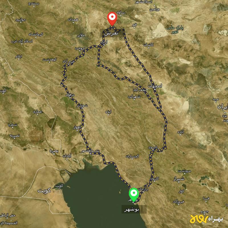 مسافت و فاصله تفرش - مرکزی تا بوشهر از ۳ مسیر - آذر ۱۴۰۳