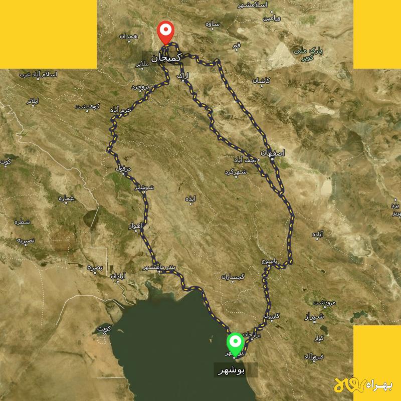 مسافت و فاصله کمیجان - مرکزی تا بوشهر از ۳ مسیر - مرداد ۱۴۰۳