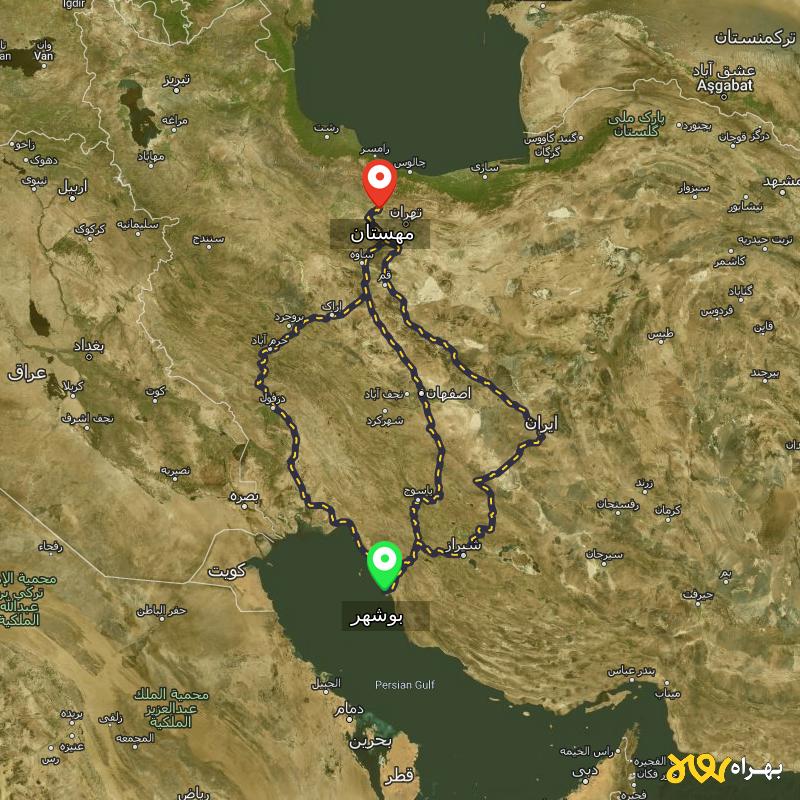 مسافت و فاصله مهستان تا بوشهر از ۳ مسیر - مرداد ۱۴۰۳