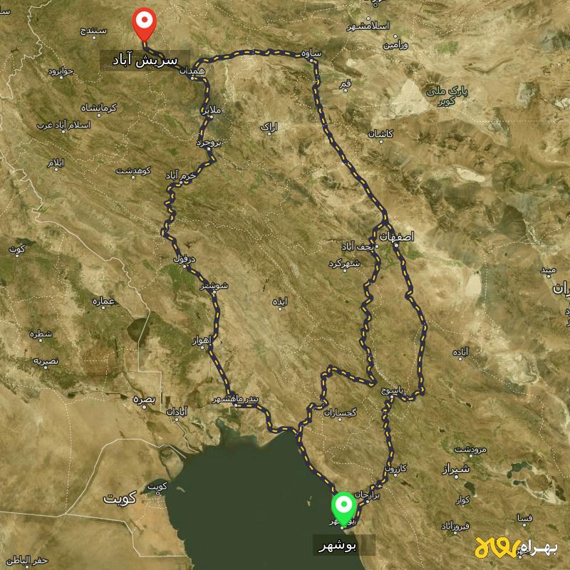 مسافت و فاصله سریش آباد - کردستان تا بوشهر از ۳ مسیر - دی ۱۴۰۳