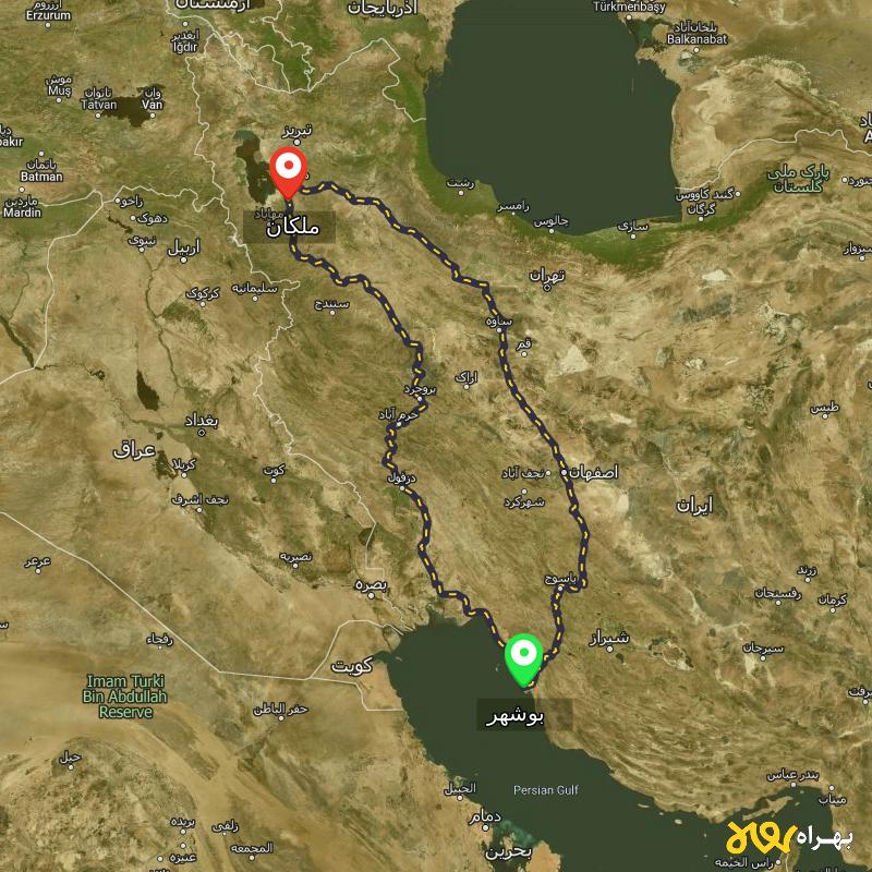 مسافت و فاصله ملکان - آذربایجان شرقی تا بوشهر از ۲ مسیر - مرداد ۱۴۰۳