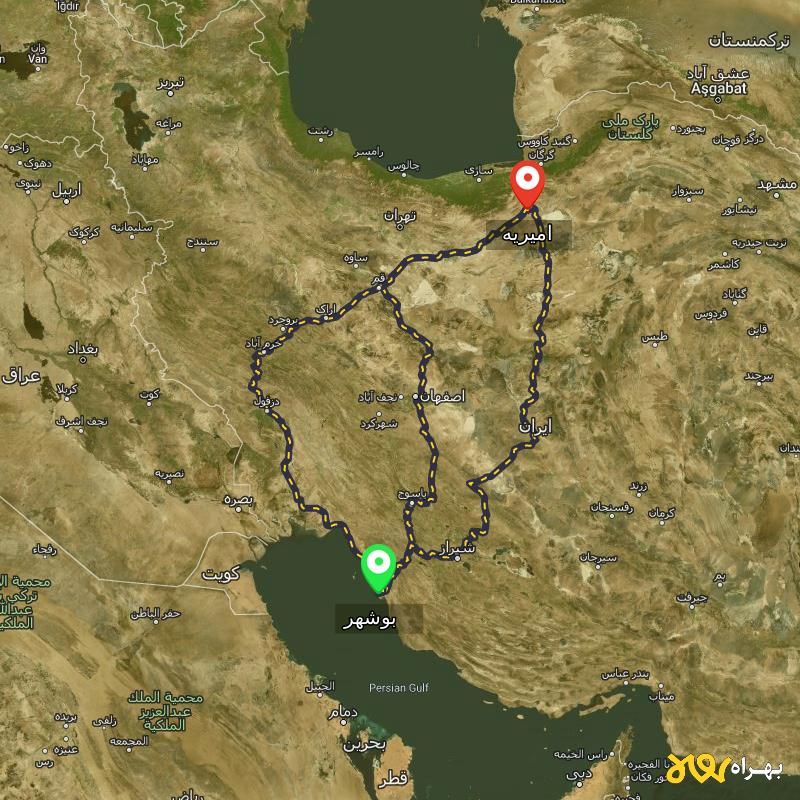 مسافت و فاصله امیریه - سمنان تا بوشهر از ۳ مسیر - مرداد ۱۴۰۳