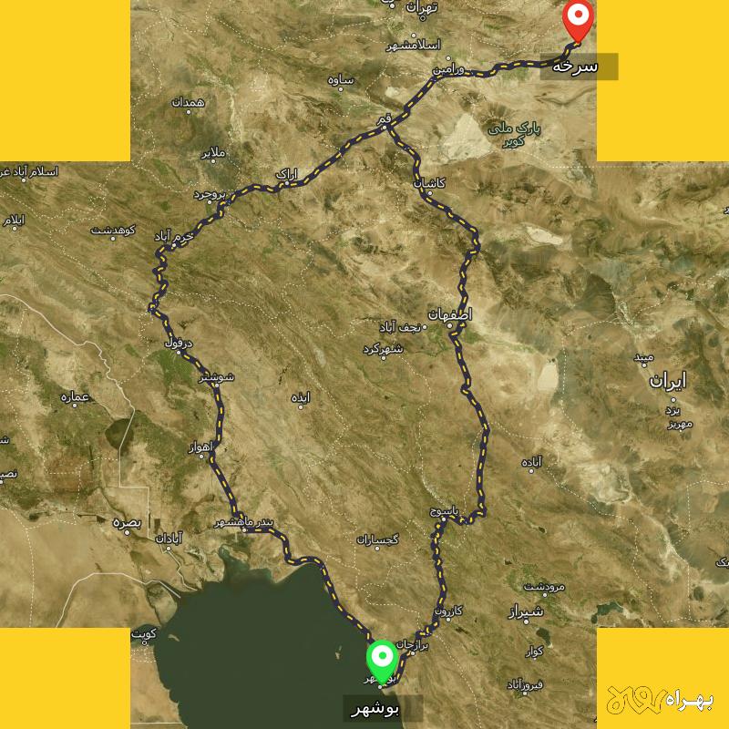 مسافت و فاصله سرخه - سمنان تا بوشهر از ۲ مسیر - مرداد ۱۴۰۳