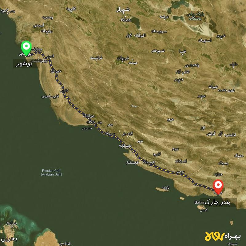 مسافت و فاصله بندر چارک، کیش - هرمزگان تا بوشهر - اردیبهشت ۱۴۰۳