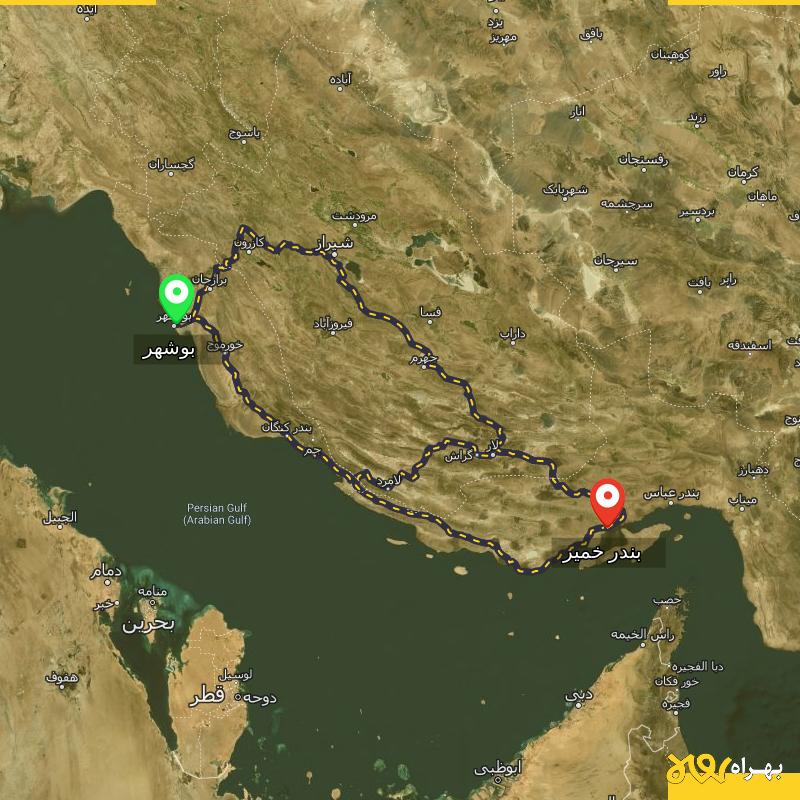 مسافت و فاصله بندر خمیر - هرمزگان تا بوشهر از ۳ مسیر - اردیبهشت ۱۴۰۳