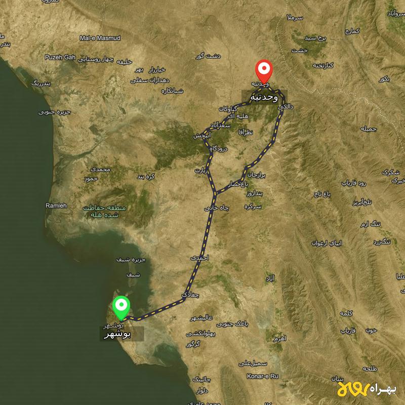 مسافت و فاصله وحدتیه - بوشهر تا بوشهر از ۲ مسیر - اردیبهشت ۱۴۰۳