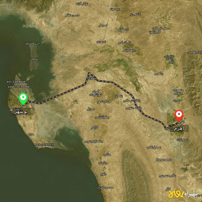 مسافت و فاصله اهرم - بوشهر تا بوشهر - مسیریاب بهراه