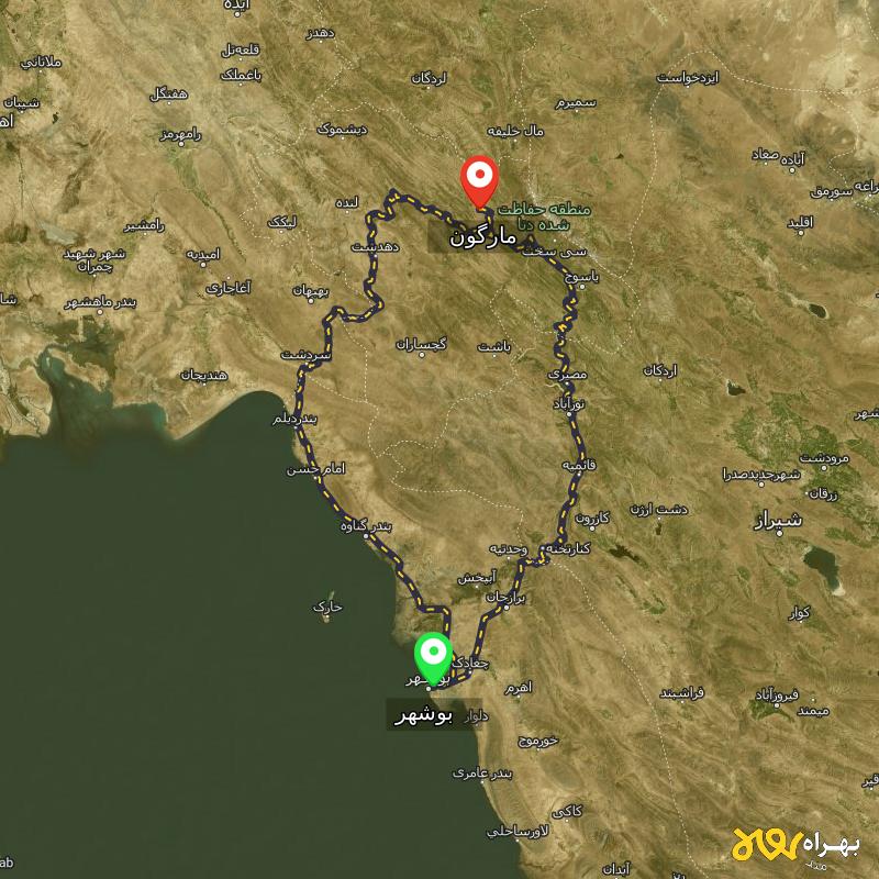 مسافت و فاصله مارگون - کهگیلویه و بویر احمد تا بوشهر از ۲ مسیر - آبان ۱۴۰۳