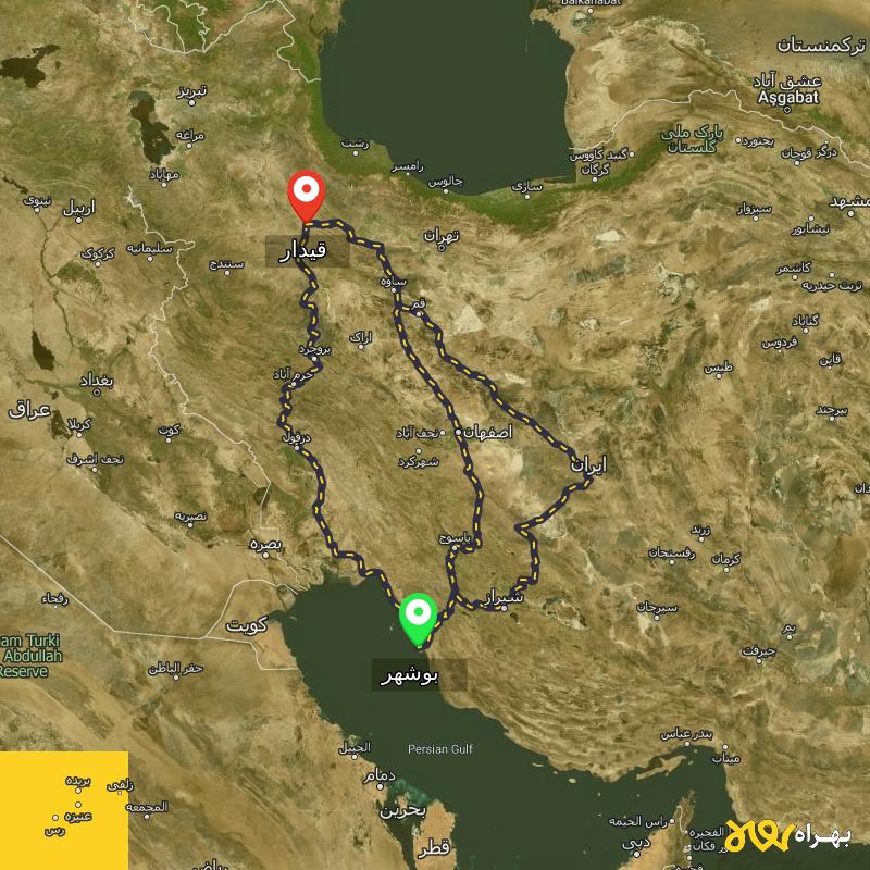 مسافت و فاصله قیدار - زنجان تا بوشهر از ۳ مسیر - اردیبهشت ۱۴۰۳