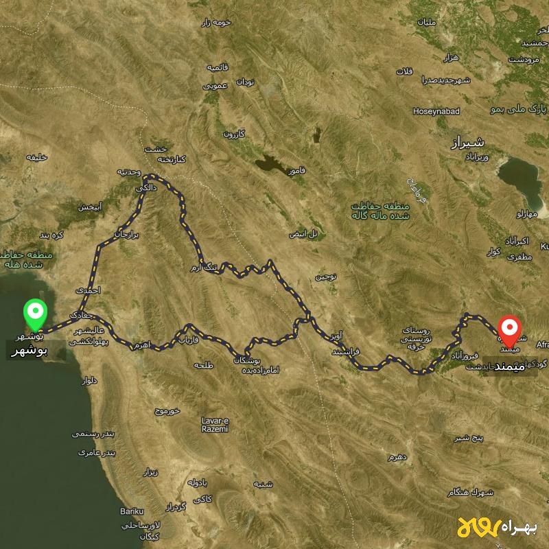 مسافت و فاصله میمند - فارس تا بوشهر از ۲ مسیر - اردیبهشت ۱۴۰۳