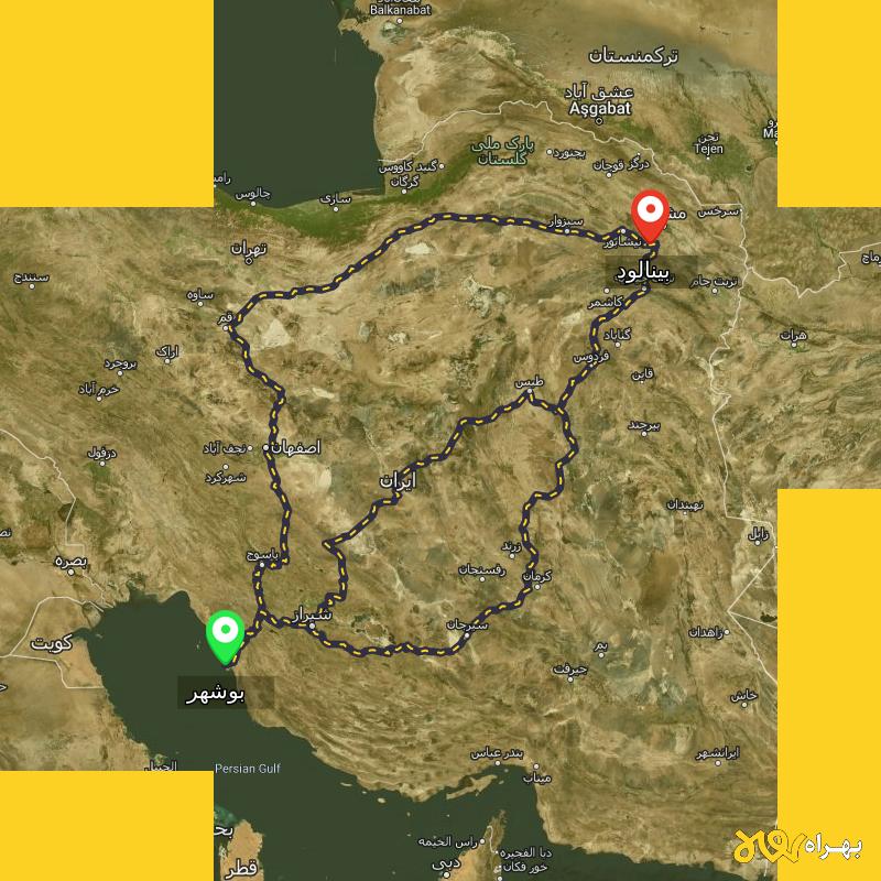مسافت و فاصله بینالود - خراسان رضوی تا بوشهر از ۳ مسیر - مرداد ۱۴۰۳