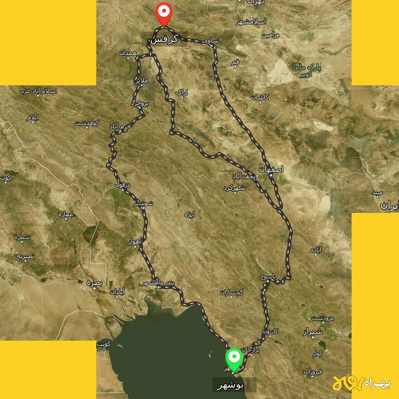 مسافت و فاصله کرفس - همدان تا بوشهر از ۳ مسیر - مرداد ۱۴۰۳