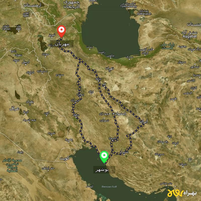 مسافت و فاصله مهربان - آذربایجان شرقی تا بوشهر از ۳ مسیر - مهر ۱۴۰۳