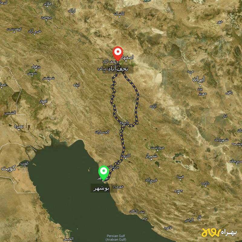 مسافت و فاصله نجف‌آباد تا بوشهر از 2 مسیر - مسیریاب بهراه