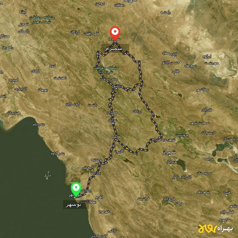 مسافت و فاصله سمیرم - اصفهان تا بوشهر از ۳ مسیر - اردیبهشت ۱۴۰۳