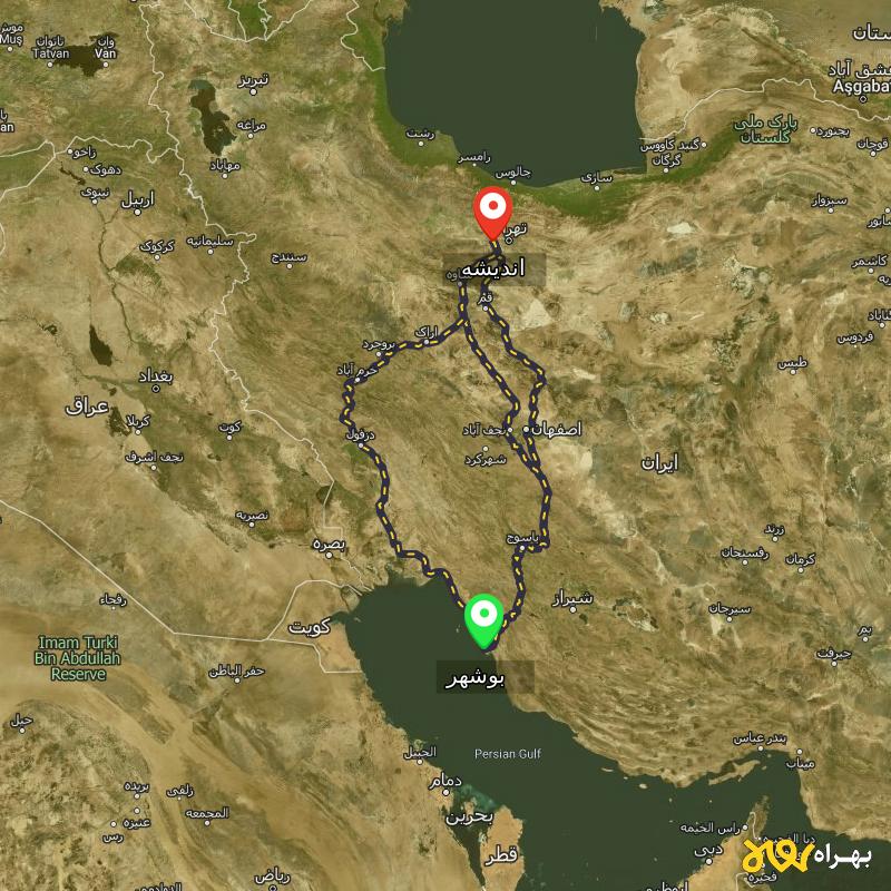 مسافت و فاصله اندیشه تا بوشهر از ۳ مسیر - بهمن ۱۴۰۳
