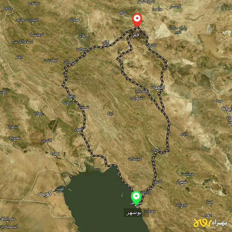 مسافت و فاصله قم تا بوشهر از ۳ مسیر - مرداد ۱۴۰۳