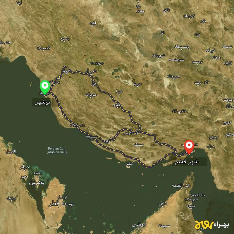 مسافت و فاصله شهر قشم - هرمزگان تا بوشهر از ۳ مسیر - بهمن ۱۴۰۳