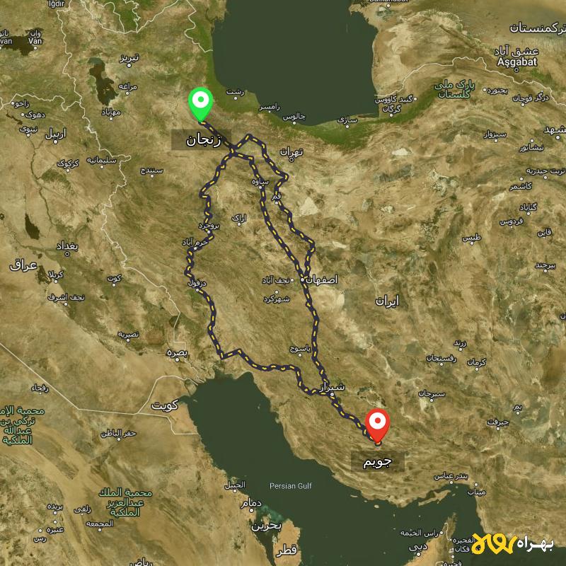 مسافت و فاصله جویم - فارس تا زنجان از ۳ مسیر - مرداد ۱۴۰۳