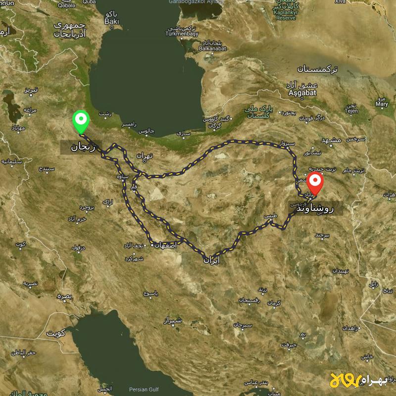 مسافت و فاصله روشناوند - خراسان رضوی تا زنجان از ۳ مسیر - شهریور ۱۴۰۳