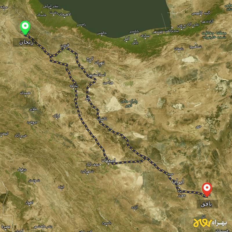 مسافت و فاصله بافق - یزد تا زنجان از ۲ مسیر - اردیبهشت ۱۴۰۳