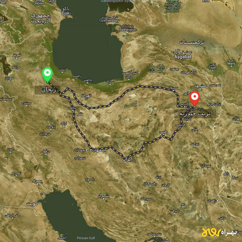 مسافت و فاصله تربت حیدریه - خراسان رضوی تا زنجان از ۲ مسیر - آذر ۱۴۰۳